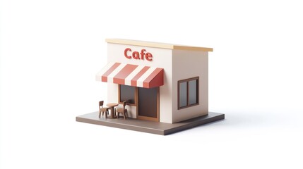Poster - 3D render of a small cafe building with red and white striped awning, simple design, isolated on white.