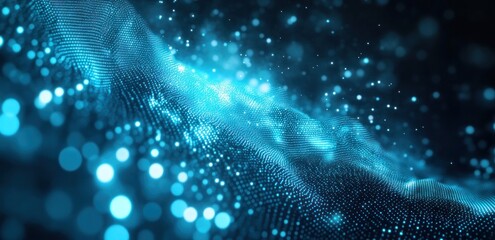 Poster - Abstract blue glowing particles wave background.