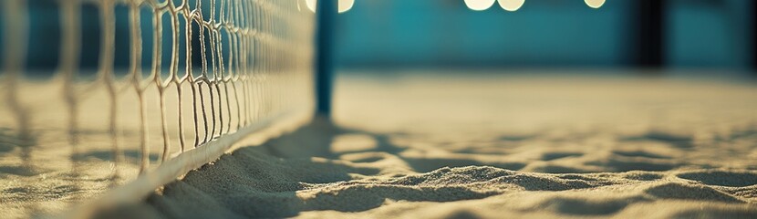 Aufkleber - Beach volleyball net close-up, sand texture, shallow depth of field.