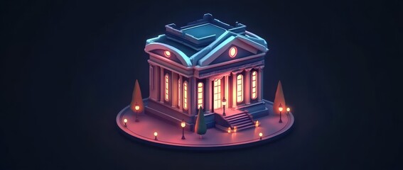 Aufkleber - Low-poly 3D model of a classical building at night, illuminated.