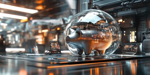 Poster - Futuristic piggy bank inside a transparent sphere on a metallic surface in a high-tech environment.