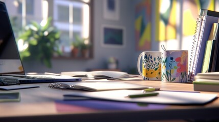 Poster - Sunlit home office desk with laptop, notebooks, papers, and mugs.