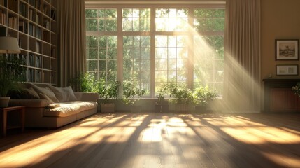 Poster - Sunbeams stream through large window illuminating living room with hardwood floor, sofa, and bookcase.