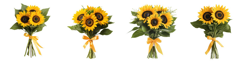 Stunning bouquets of bright yellow sunflowers with lush green leaves arranged in rustic vases or wrapped in natural bundles perfect for decorating homes events and like weddings birthdays