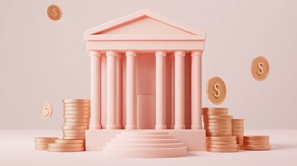 Poster - Pink 3D model of a bank building with golden coins.
