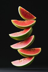 Poster - Seven vibrant watermelon slices levitate against a stark black backdrop, showcasing their juicy red flesh and green rind.