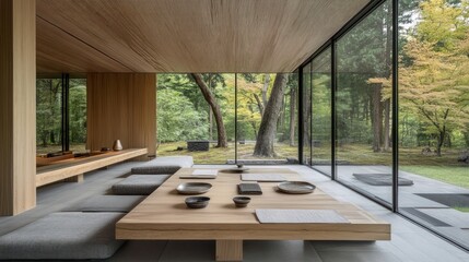 Leinwandbilder - Minimalist wooden interior design with floor seating and large windows overlooking a tranquil garden.