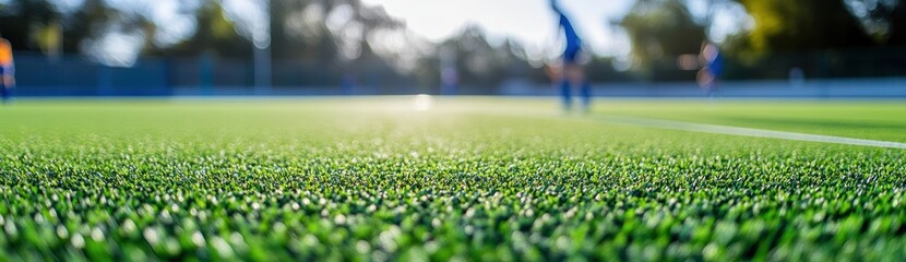Poster - Close-up of artificial turf on a soccer field with blurred players in the background.