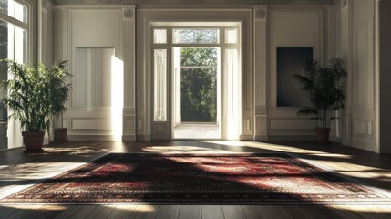 Poster - Sunlit elegant room interior with large doors, hardwood floor, oriental rug, and potted plants.