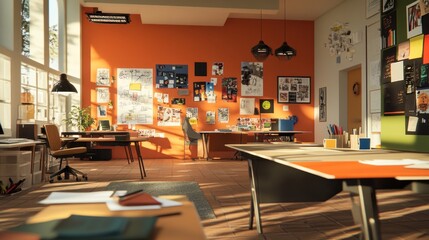 Aufkleber - Sunlit modern office workspace with orange walls, desks, and design inspiration boards.