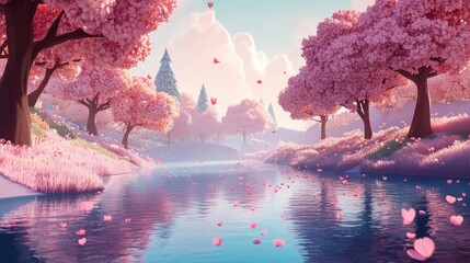 Poster - Serene pink blossom trees line a calm river, petals gently falling on tranquil water.