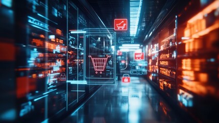 Poster - Futuristic digital shopping experience in a virtual supermarket aisle with holographic shopping carts and product displays.