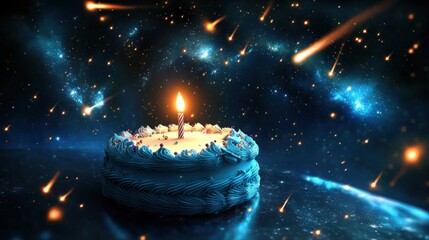 Poster - A single candlelit birthday cake floats amidst a cosmic backdrop of shooting stars and nebulae.
