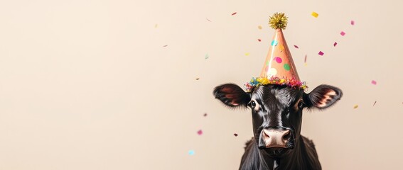 Poster - Black cow wearing a party hat, confetti falling.