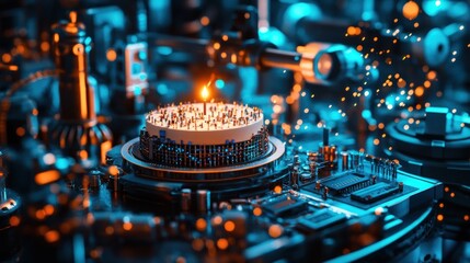 Poster - Close-up of a lit candle on a circuit board, surrounded by intricate machinery and glowing particles.
