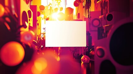 Poster - Blank white rectangle in vibrant, blurred background of warm colors and shapes.
