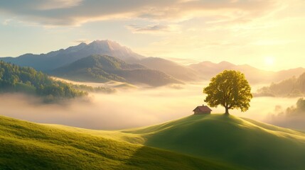 Canvas Print - A lone tree sitting on top of a lush green hillside