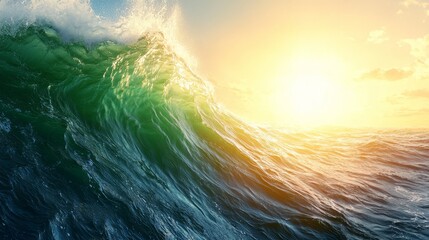 Wall Mural - a large wave breaking in the ocean at sunset