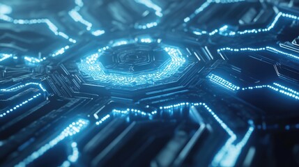 Poster - AI-rendered abstract hexagonal pattern with bright blue energy flashes, representing advanced technology on white.