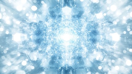 Poster - AI-rendered abstract hexagonal pattern with bright blue energy flashes, representing advanced technology on white.