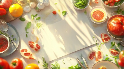 Poster - Overhead view of fresh produce, herbs, and blank paper on a table, bathed in sunlight.