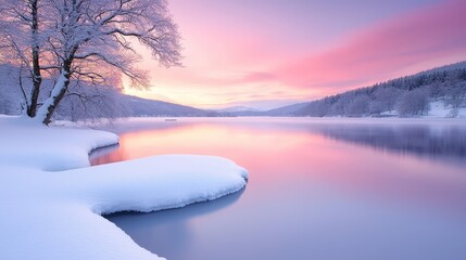 Canvas Print - A snowy landscape with a tree in the middle of a lake