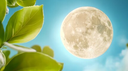 Wall Mural - A full moon is seen through the leaves of a tree