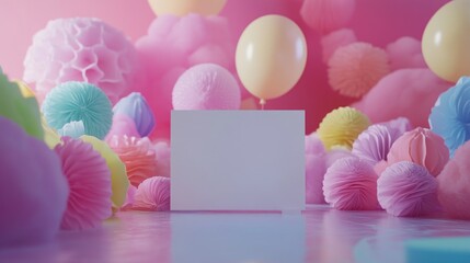 Poster - Blank card mockup surrounded by pastel balloons and paper flowers on pink background.
