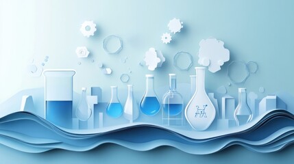 Aufkleber - Paper art illustration of scientific glassware with blue liquid, gears, and molecules on a wavy background.
