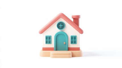 Poster - Cute cartoon house with peach roof, teal door, and windows.  Isolated on white background.