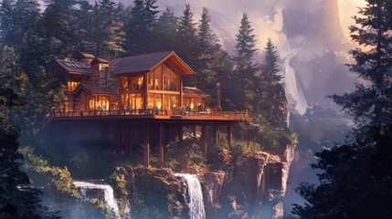 Canvas Print - Mountaintop Lodge Illuminated By Warm Evening Light