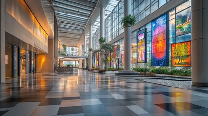 Fototapete - Modern spacious shopping mall interior with glass walls, high ceilings, tiled floor, and artwork displays.