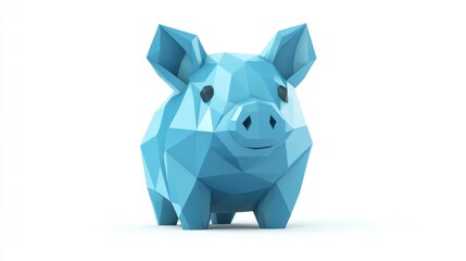 Poster - Low-poly blue piggy bank, 3D render on white background.