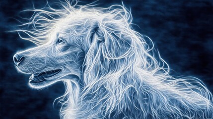 Poster - Energetic glowing dog profile, white fur, dark blue background.