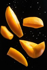 Poster - Slices of ripe peach levitating against a black background, water droplets visible.