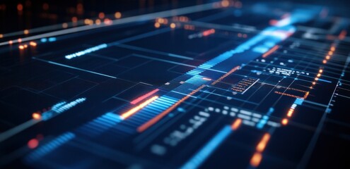 Fototapete - Abstract digital data flow, glowing lines and numbers on dark background.