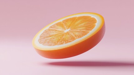 Poster - A juicy orange slice levitates against a soft pink background, showcasing its vibrant color and texture.
