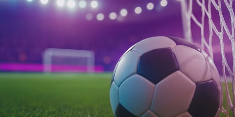 Poster - Soccer ball near goal net in stadium at night.