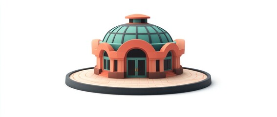 Poster - 3D model of a small, domed building with arched entryways and a circular base.