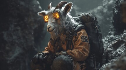 Poster - Anthropomorphic goat hiker with backpack in dark cave.