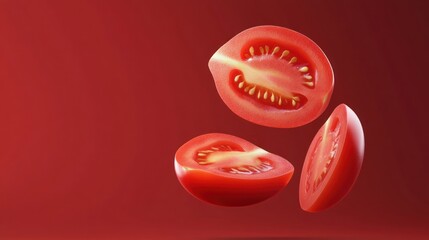 Poster - Three juicy tomato slices levitate against a red backdrop.