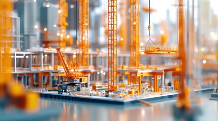 Aufkleber - Miniature model of a large-scale construction site with multiple cranes and buildings under construction.