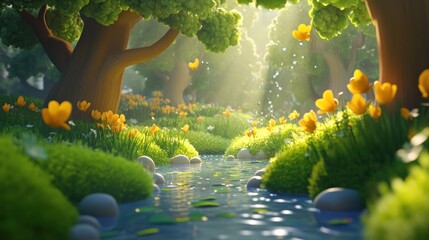 Poster - Sunlit stream flows through lush, vibrant spring forest with yellow flowers.