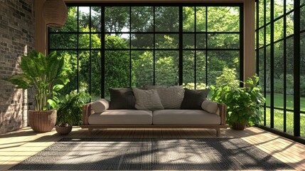 Poster - Sunlit living room with large windows overlooking a lush green garden, featuring a comfortable sofa and potted plants.