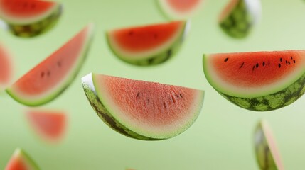 Poster - Slices of juicy watermelon levitating against a light green background.