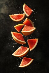 Poster - Fresh grapefruit slices falling on black background, juicy, vibrant, healthy.