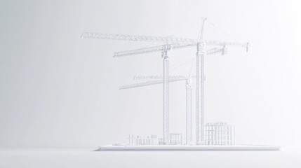 Poster - Wireframe model of construction cranes and buildings on a tablet.