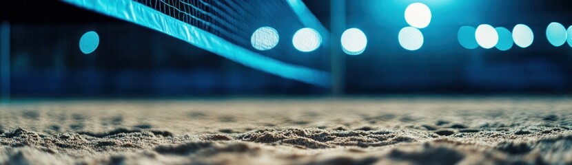 Aufkleber - Beach volleyball court at night, close-up view of sand with blurred net and lights.