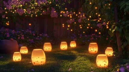 Aufkleber - Illuminated garden at night with lanterns, flowers, and fairy lights.