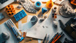 © Kosin - designer workspace filled with sketches, 3D prints, and tools showcases creativity and innovation. vibrant colors and organized chaos inspire artistic expression and design exploration